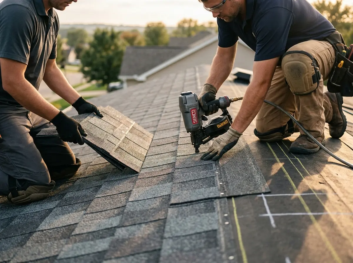 Professional roofer working on a residential roof in Linton Hall